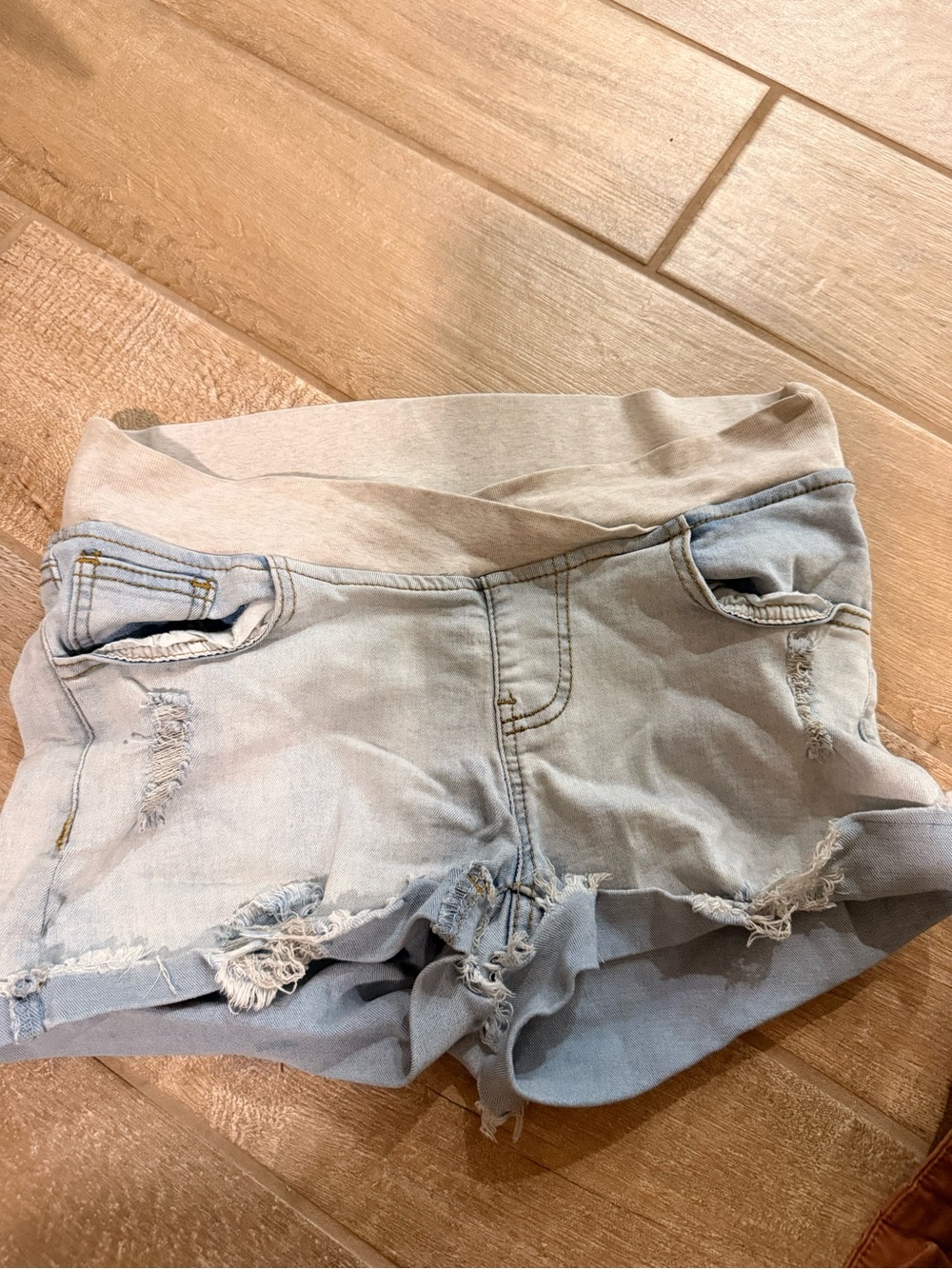 Light Blue Distressed Women’s Denim Shorts with Stretch Waistband